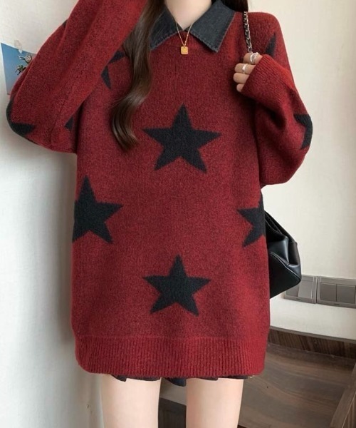 LADY LIKE ニット セーター 付け衿セットバイカラー星柄ニット