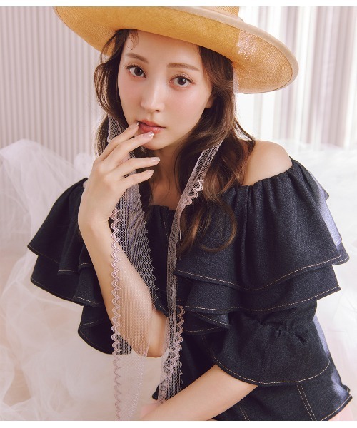 ブラウス シャツ オフショルデニム風ブラウス レディース PEACH JOHN ブラウス シャツ オフショルデニム風ブラウス