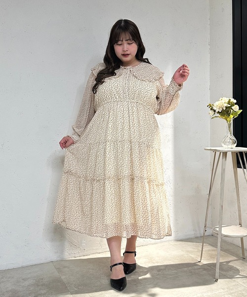 Louiosy ワンピース 「大きいサイズ」フリル襟ティアード総柄
