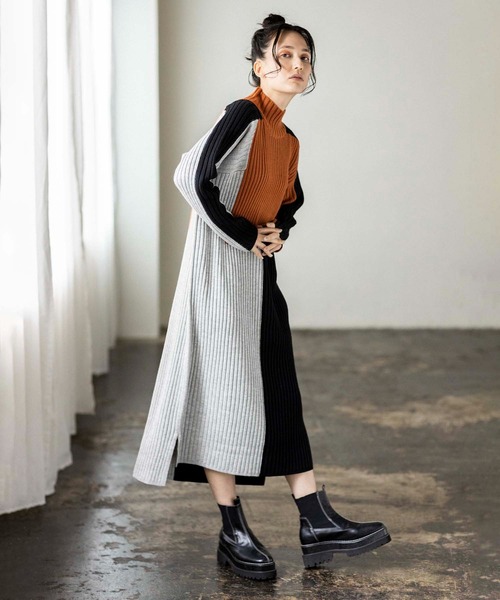 OMMO ニットロングワンピース グレー・オレンジ OSMOSIS 「OSMOSIS」 ニットワンピース ONE SIZE オレンジ レディース