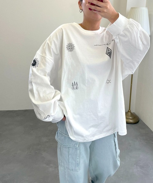 tシャツ ビッグシルエットタトゥーデザインプリントTシャツ レディース