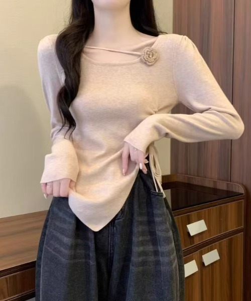 AsheKsha tシャツ サイトギャザー 花柄トップス レディース