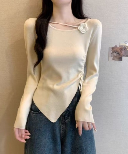 AsheKsha tシャツ サイトギャザー 花柄トップス レディース