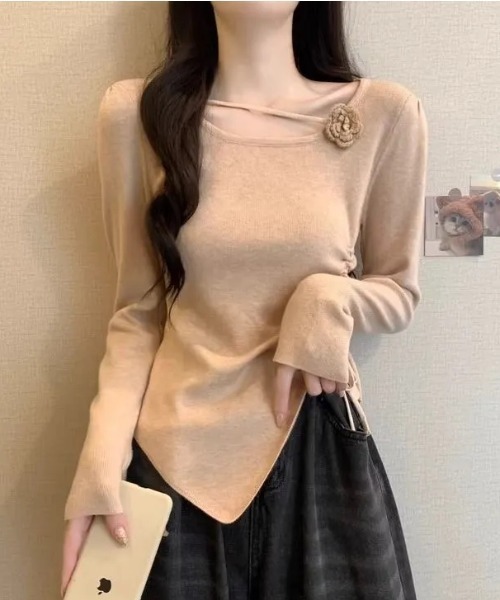 AsheKsha tシャツ サイトギャザー 花柄トップス レディース