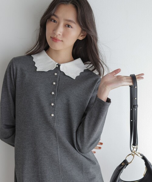 組曲レースライク襟付きニットワンピース 組曲（KUMIKYOKU） ワンピース レースライク襟付きニットワンピース