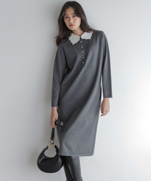 組曲 ワンピース レースライク襟付きニットワンピース