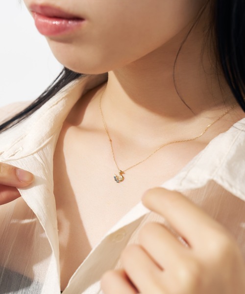 ネックレス K10 スワン/白鳥 カラーストーン ネックレス レディース メンズの画像