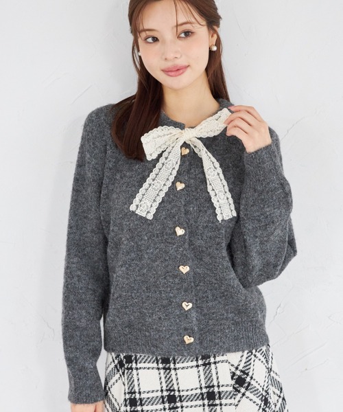 ひよこ　SNIDEL レース付きボウタイカーディガン　BLK USAGI ONLINE限定】レースボウタイカーディガン（カーディガン