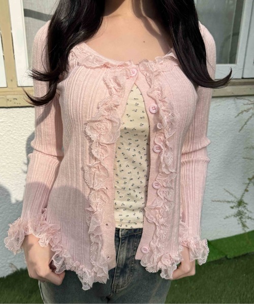 TO BE CHIC フリル　リブ　ピンク　カーディガン Mサイズ　桜 予約]フリルホイップニットカーディガン – Frene