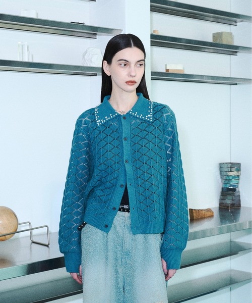 カーディガン Bijou collar openwork knit cardigan / ビジューカラー