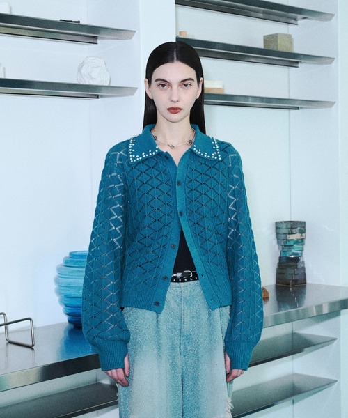 カーディガン Bijou collar openwork knit cardigan / ビジューカラー