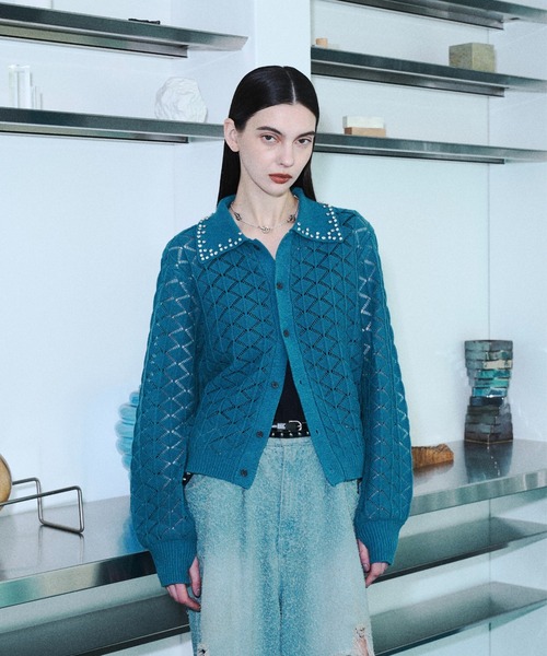 カーディガン Bijou collar openwork knit cardigan / ビジューカラー 