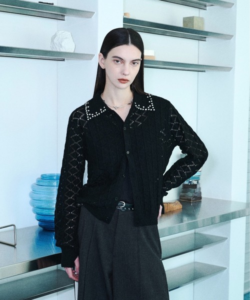 カーディガン Bijou collar openwork knit cardigan / ビジューカラー