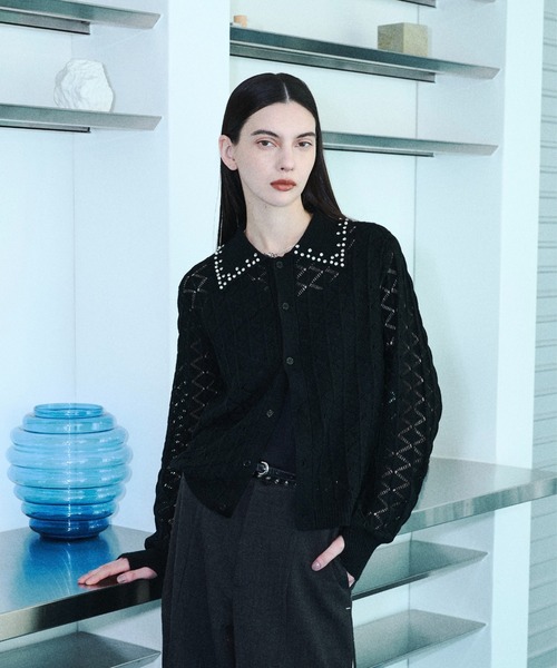 カーディガン Bijou collar openwork knit cardigan / ビジューカラー