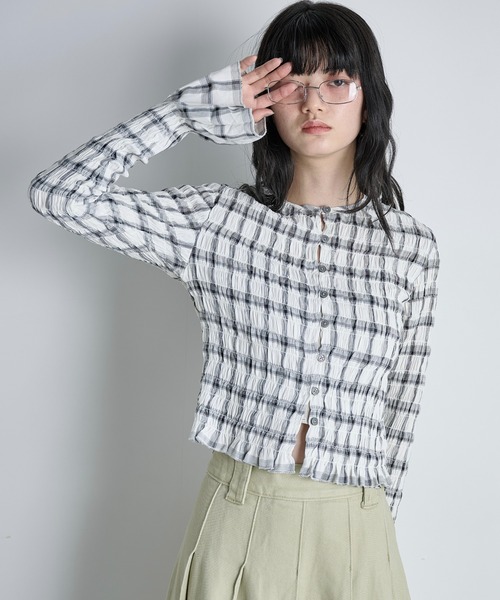 THE Yon ブラウス シャツ 2WAYチェックシャーリングフリルブラウス