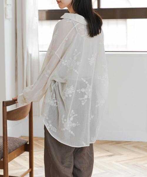 ブラウス シャツ メッシュエンブロイダリーシャツ レディースの画像