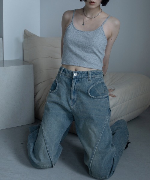 ワイドパンツ ジーンズ デニム デニムパンツ サークルポケットカーブワイドデニム レディースの画像