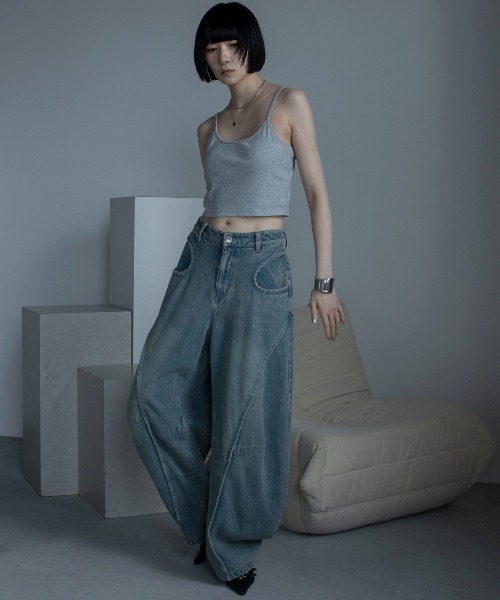 ワイドパンツ ジーンズ デニム デニムパンツ サークルポケットカーブワイドデニム レディースの画像