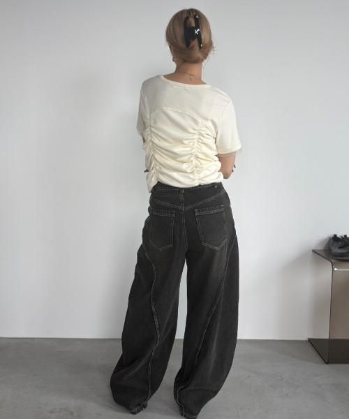 ワイドパンツ ジーンズ デニム デニムパンツ サークルポケットカーブワイドデニム レディースの画像