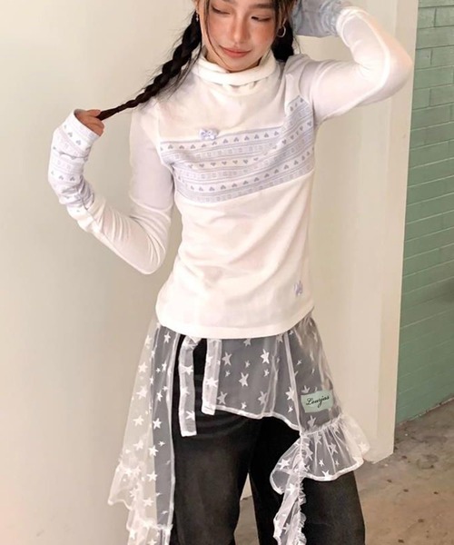 AsheKsha ブラウス シャツ 星柄チュール付け裾 斜めフリルカット