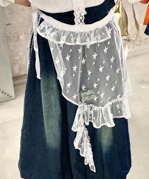 AsheKsha ブラウス シャツ 星柄チュール付け裾 斜めフリルカット