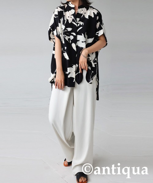 antiqua ブラウス シャツ バックタック入り花柄シャツ