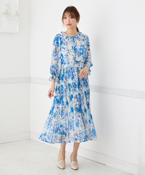 Rose Tiara フラワープリント ワンピース ホワイト系 袖パール付 42 Rose Tiara フラワープリント ワンピース ホワイト系 袖パール付 42