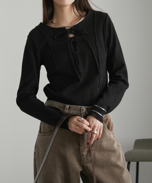 ameri vintage 2WAYレースペイントニットトップス Ameri（アメリ）の「2WAY LACE PAINTING KNIT TOP（ニット