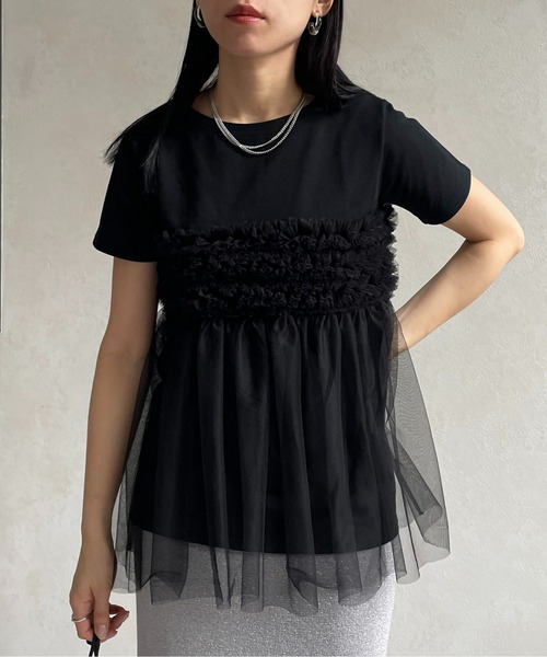 tシャツ フリルドッキング半袖プルオーバー レディース フリルドッキング半袖トップス[zi465] | レディースファッション