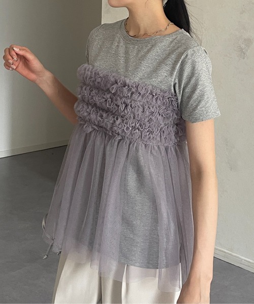 tシャツ フリルドッキング半袖プルオーバー レディース Thevon tシャツ フリルチュールドッキング半袖プルオーバー
