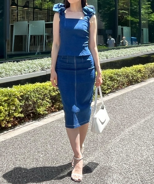 未使用 HYKE デニム タイトスカート ケミカルブルー AMBIENT（アンビエント） デニムスカート デニムライクステッチタイト