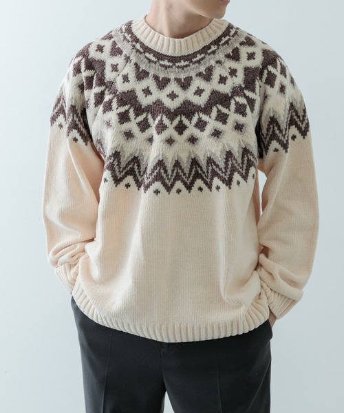 ニット　セーター OUTDOOR 総柄 M クルーネック　長袖 ITEMS URBANRESEARCH セーター ニット 求心柄 モール クルー