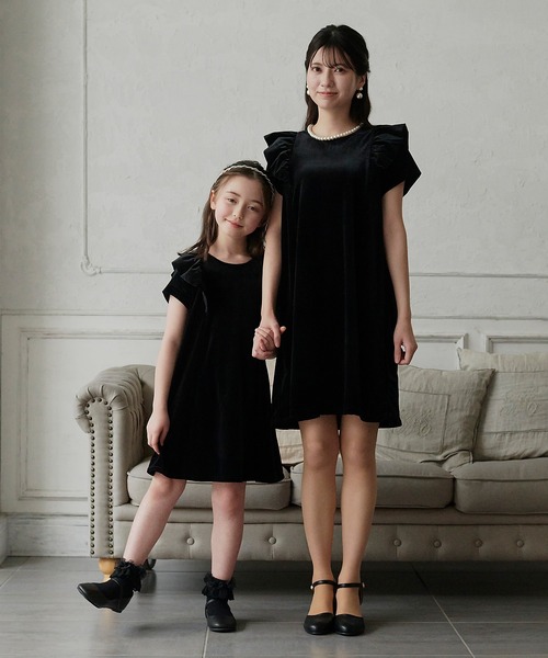 ブラック ベルベット ワンピース フリル袖 DRESCCO（ドレスコ） ワンピース ブラックベルベットフリルワンピース