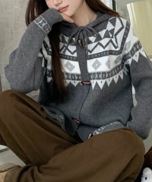 LADY LIKE ニット セーター オルテガ柄ニットパーカー レディース