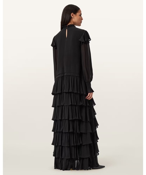 フリルスリーブの黒いマキシドレス ALLSAINTS（オールセインツ） ワンピース CAVARLY LONG SLEEVE RUFFLE