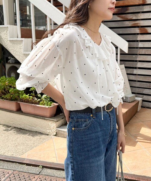 fredy emue ブラウス シャツ ドット刺繍フリルカラーブラウス