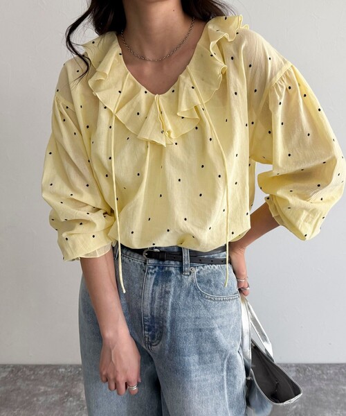 fredy emue ブラウス シャツ ドット刺繍フリルカラーブラウス