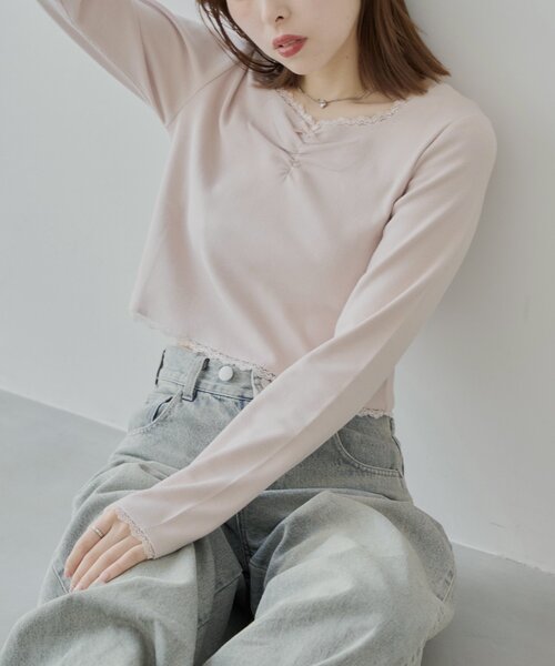Chico tシャツ レースギャザーリブロンT レディース : ZOZOTOWN