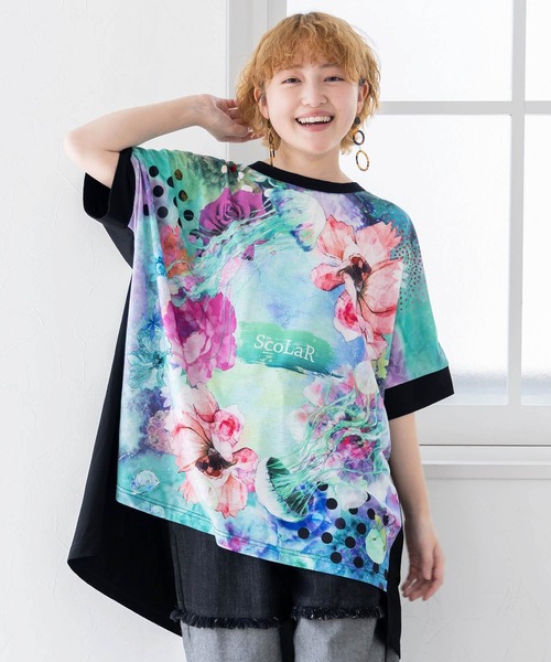 tシャツ 152637：花クラゲ柄 切替チュニック レディース