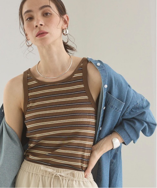 ANGIE タンクトップ ノースリーブ カップ付き マルチボーダー