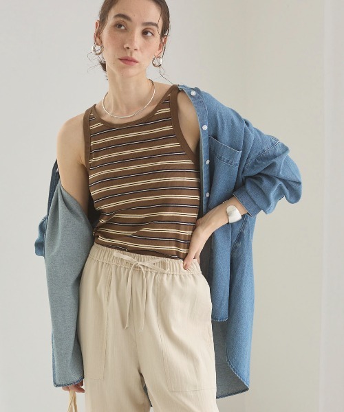 ANGIE タンクトップ ノースリーブ カップ付き マルチボーダー タンク