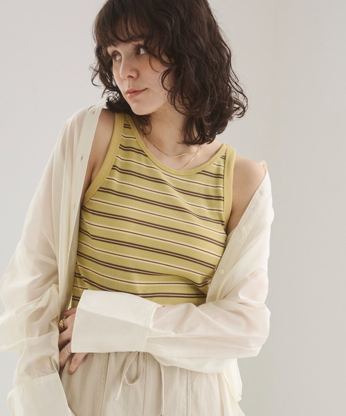 ANGIE タンクトップ ノースリーブ カップ付き マルチボーダー タンク