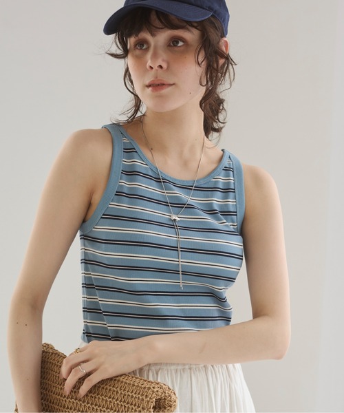 ANGIE タンクトップ ノースリーブ カップ付き マルチボーダー タンク