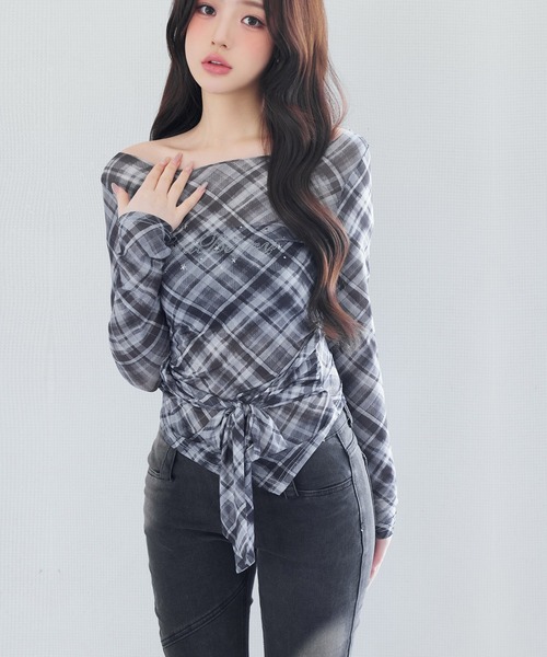 VEILA ブラウス シャツ チェック柄シアーオフショルトップス