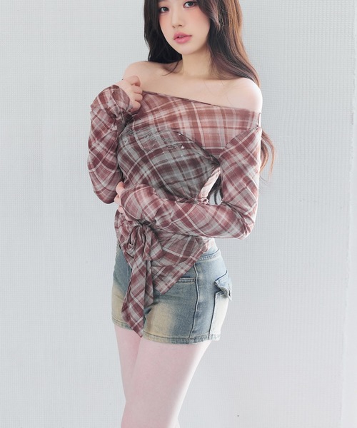 VEILA ブラウス シャツ チェック柄シアーオフショルトップス