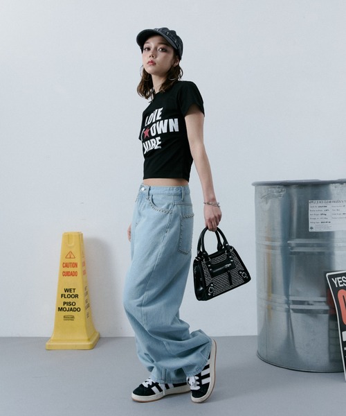 ジーンズ デニム デニムパンツ スタッズデザインデニムパンツ レディース メンズの画像
