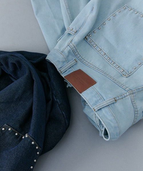 ジーンズ デニム デニムパンツ スタッズデザインデニムパンツ レディース メンズの画像