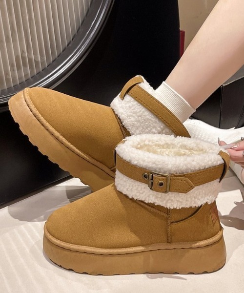 YELLO 厚底11cmショートブーツ ベージュ Mサイズ lilful ブーツ ふわふわボア 厚底ベルトムートンショートブーツ