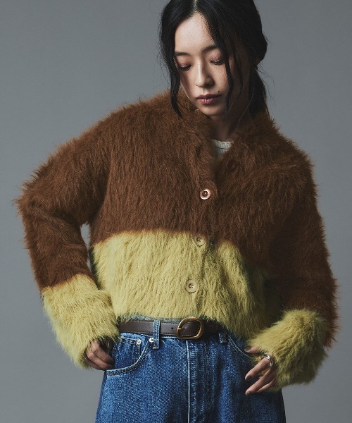 W：Huku カーディガン バイカラーシャギーニットカーディガン / Two