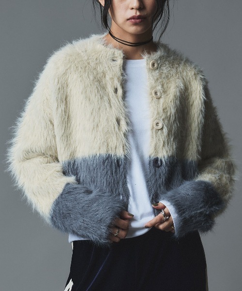 W：Huku カーディガン バイカラーシャギーニットカーディガン / Two